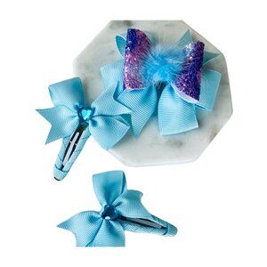Set Blue Hair Bow and Snap Clip for Girl & Toddler Handmade Cute Gift New.